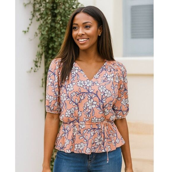 Joy Joy Top L  Cottagecore Boho Floral Print Smocked Casual Faux Wrap Blouse - Picture 6 of 6